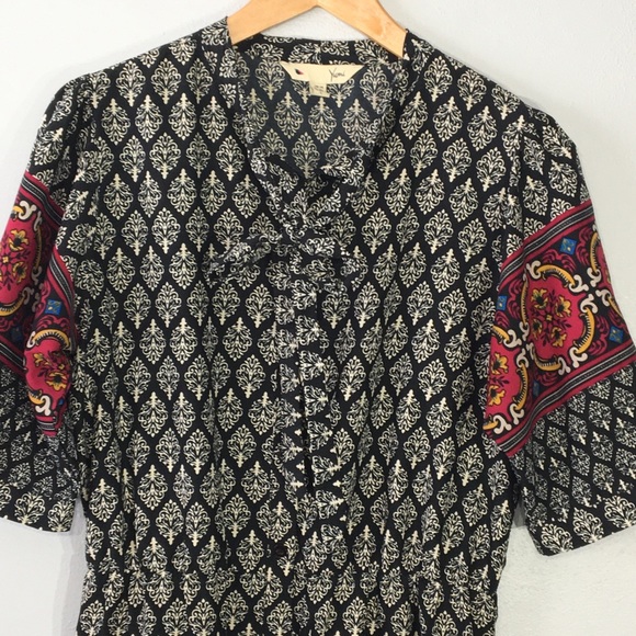 Yumi Black White Ikat Dress Border Print Tie Neck - Picture 7 of 16